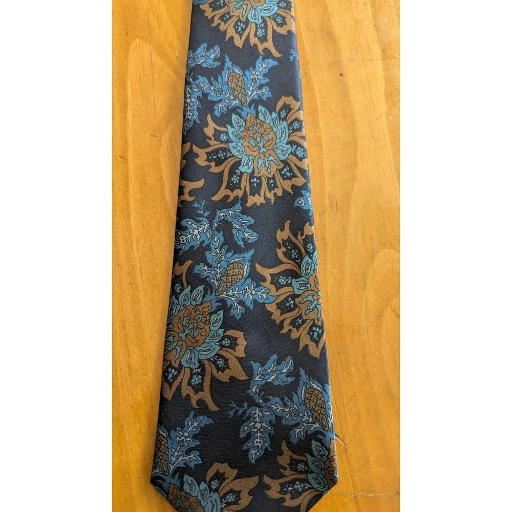 K King Vintage‎ Floral Paisley Silk Necktie Navy Blue Teal Bronze Men Accessory